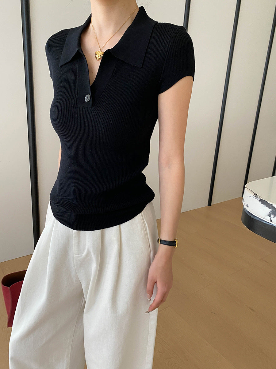 Lily Slim Lapel Solid Color Knitted Top