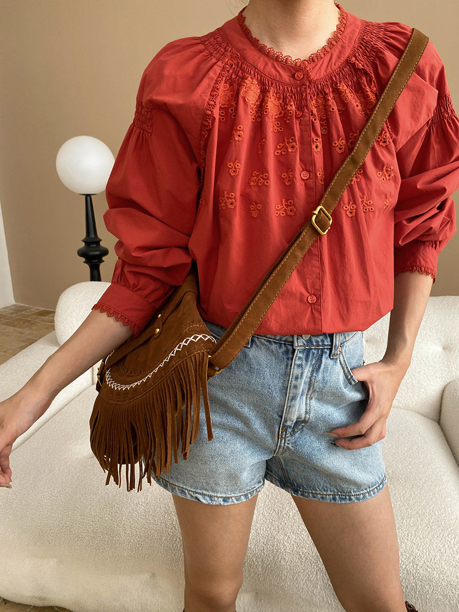 Ashley Retro Crew Neck Hollowed Embroidered Blouse