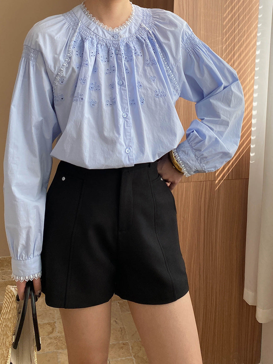 Ashley Retro Crew Neck Hollowed Embroidered Blouse