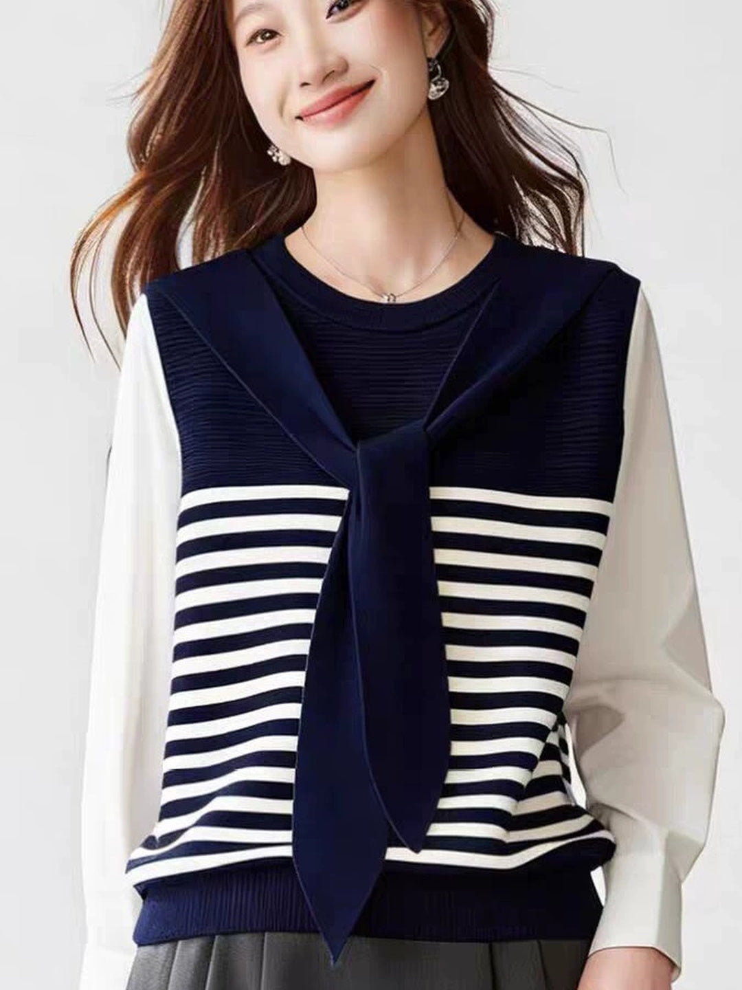 Faux Two-piece Striped  Cardigan