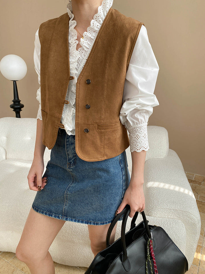 Brianna Retro V-Neck Hollowed Embroidered Blouse