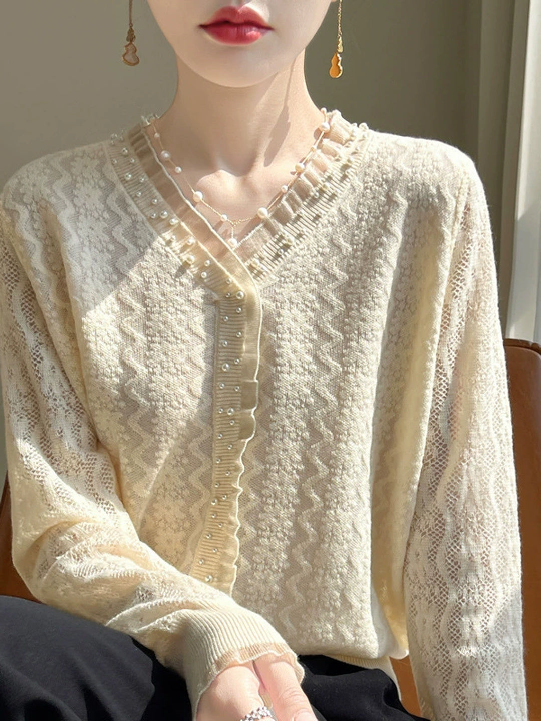Wool-blend Lace V-neck Knit Top