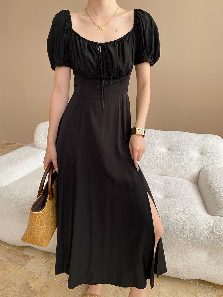 Elva Vacation Square Neck Pleated Slit Dress