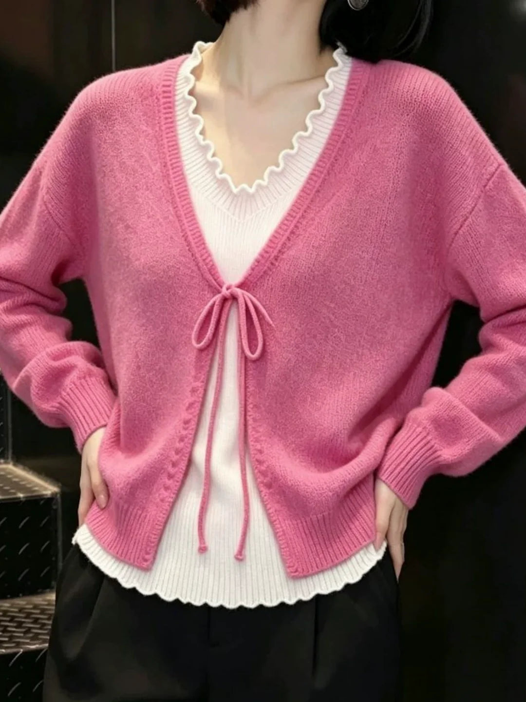 Faux-layered V-neck Knit Top
