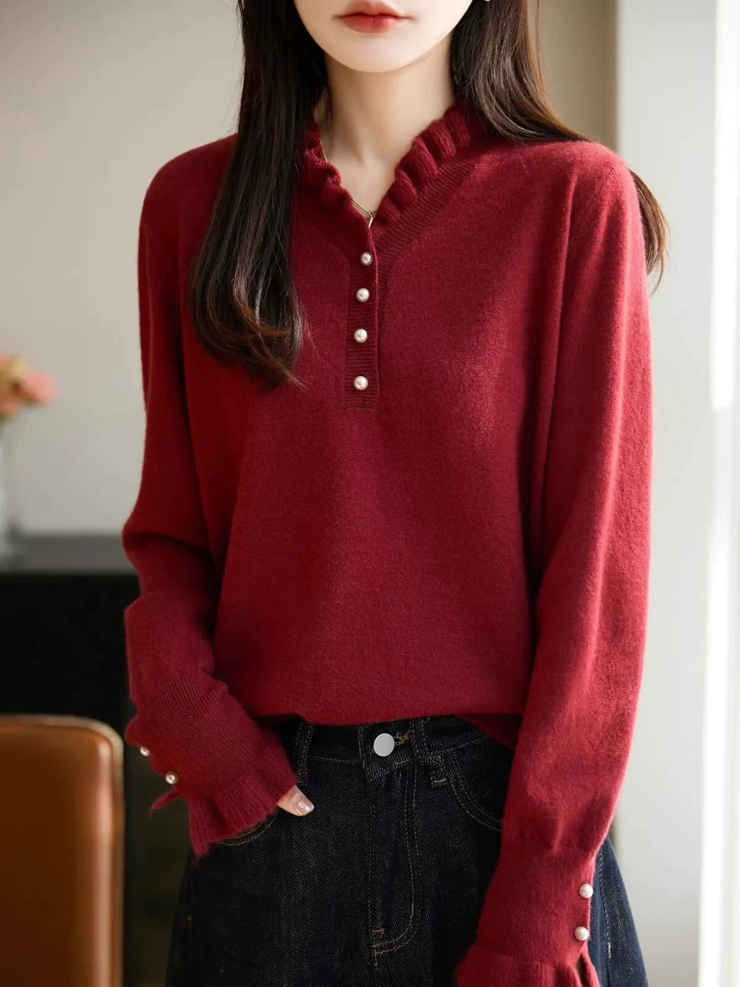 V-neck Beaded Knit Base Layer Top