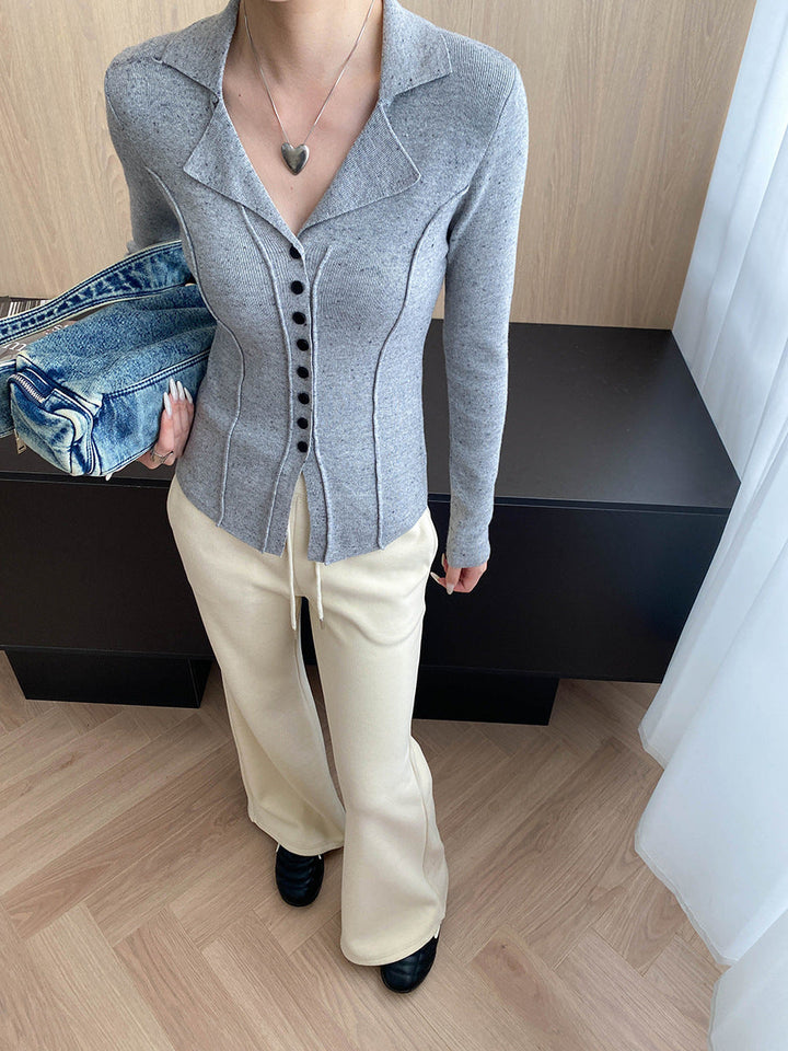 Jessica Slim Lapel Solid Color Knitted Cardigan