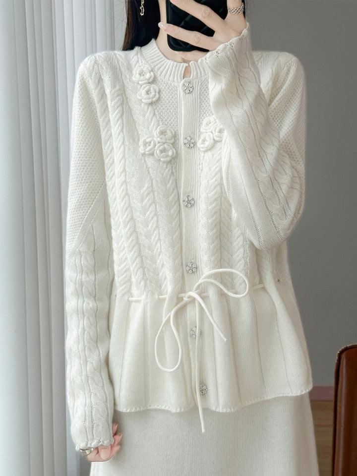 Crew-neck Tie-waist Knit Cardigan