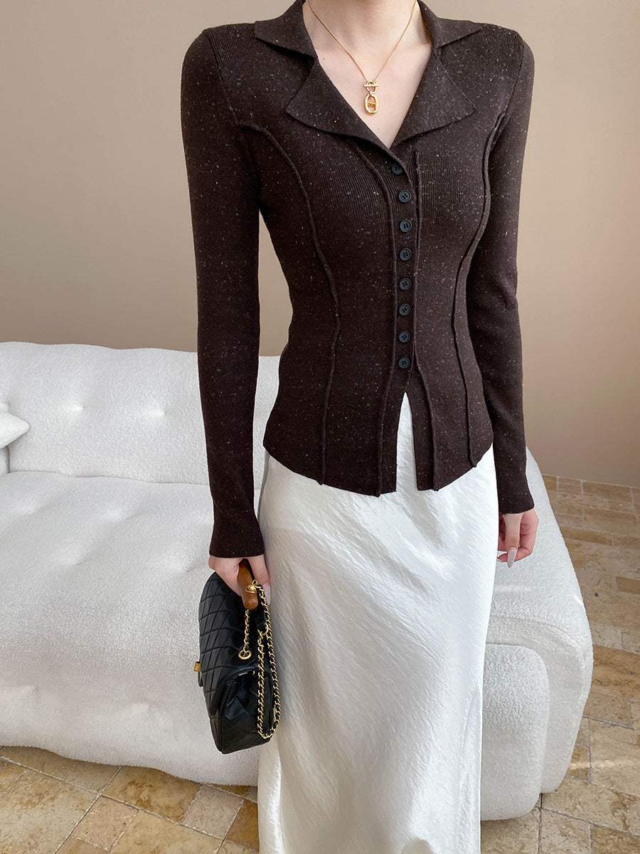 Jessica Slim Lapel Solid Color Knitted Cardigan