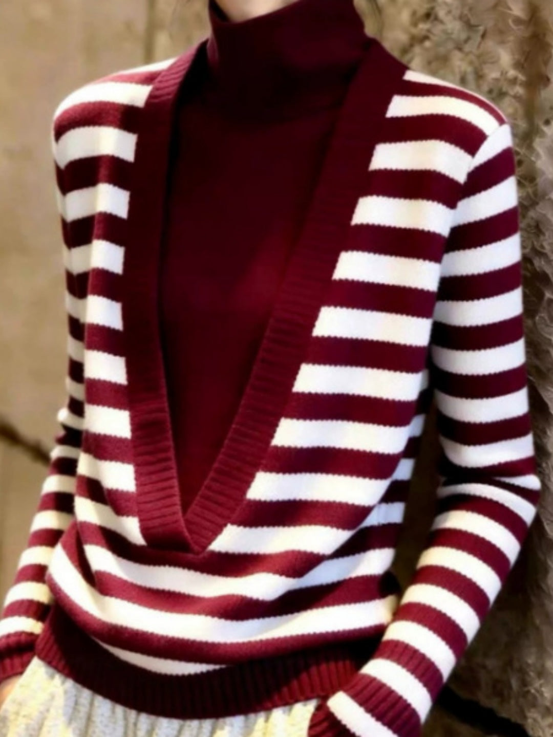 High-neck Striped Long-sleeve Knit Top