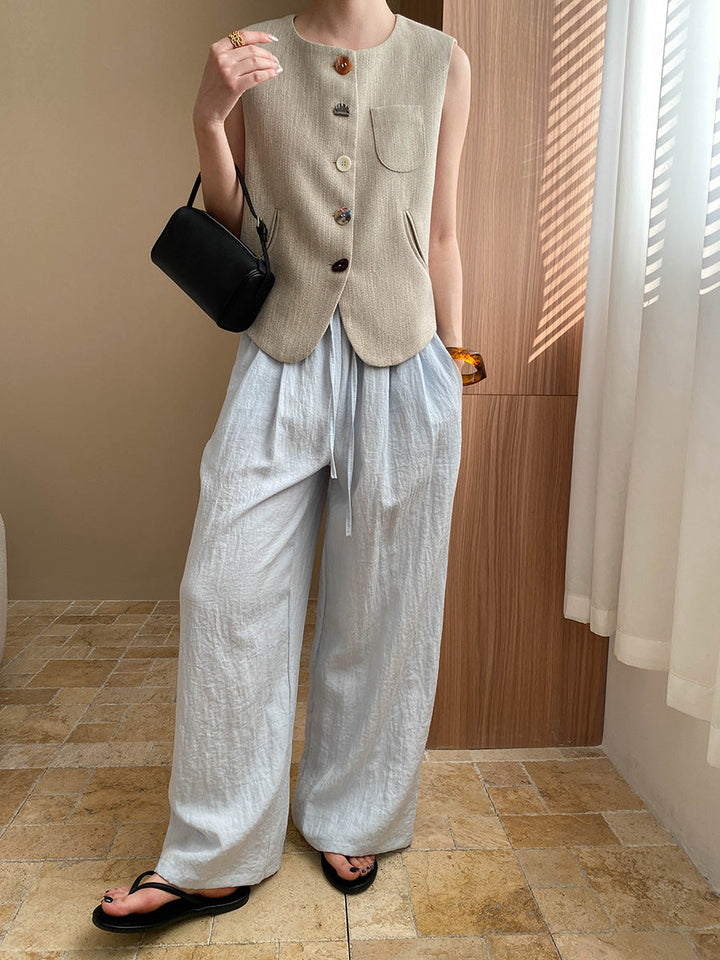 Kaitlyn Casual Pleated Elastic Waist Wide-Leg Pants