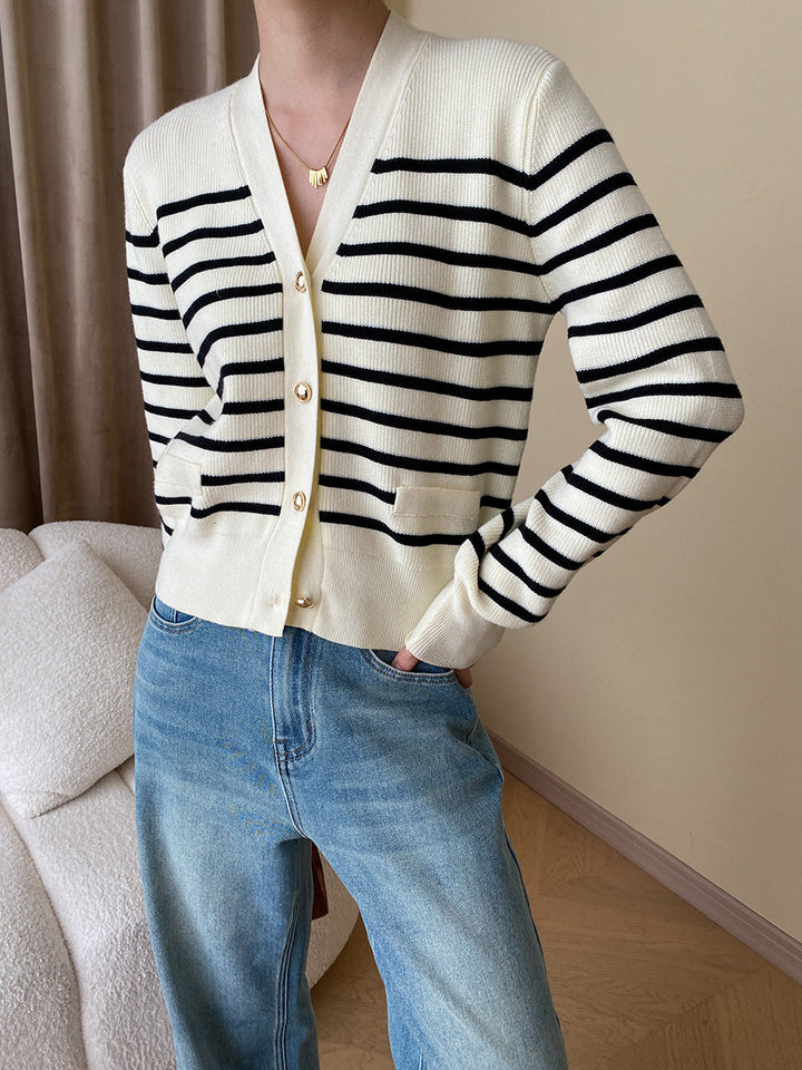 Hannah Casual V-Neck Color-Blocked Striped Knitted Cardigan