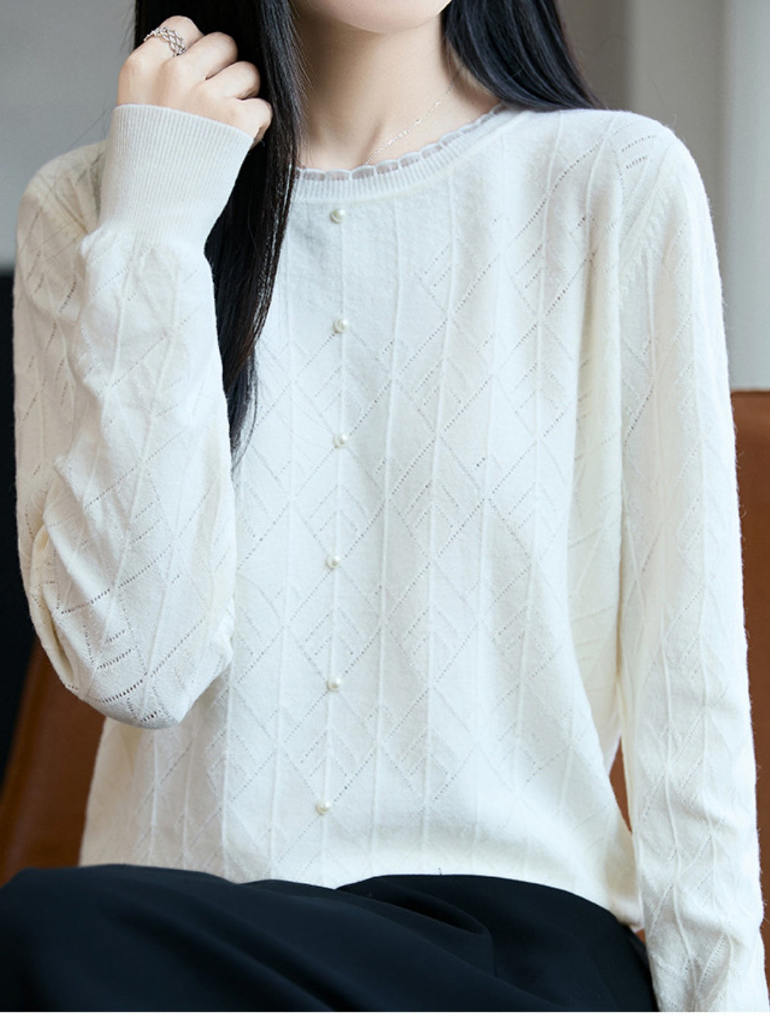 Crew-neck Cutout Jacquard Knit Top