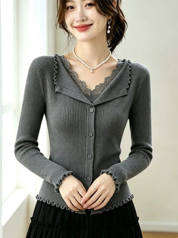 Patchwork Lace Trim V-neck Top