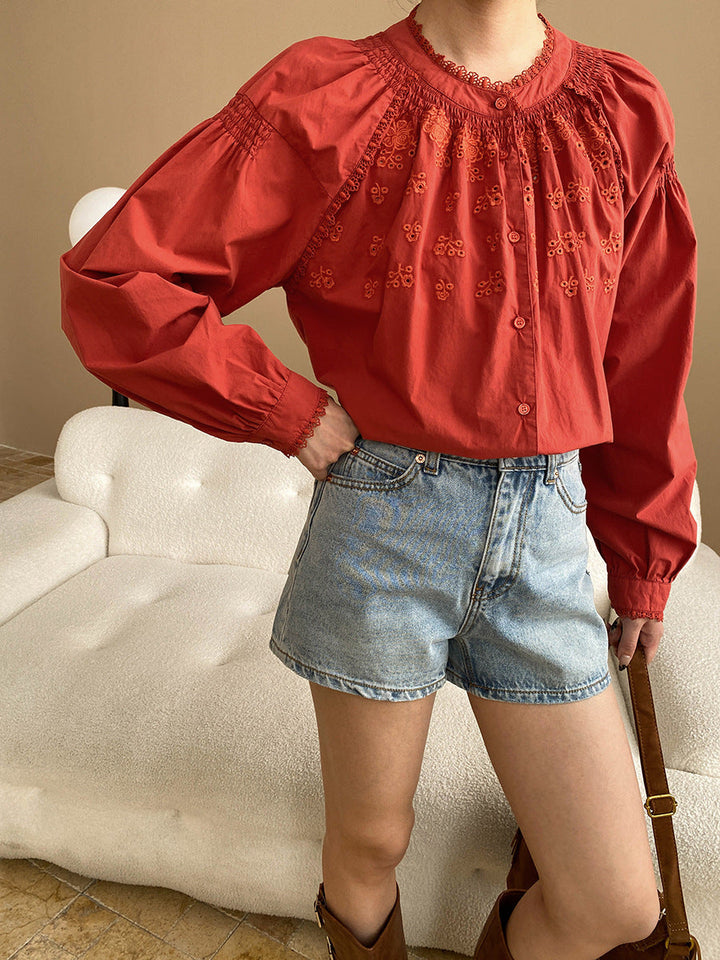 Ashley Retro Crew Neck Hollowed Embroidered Blouse