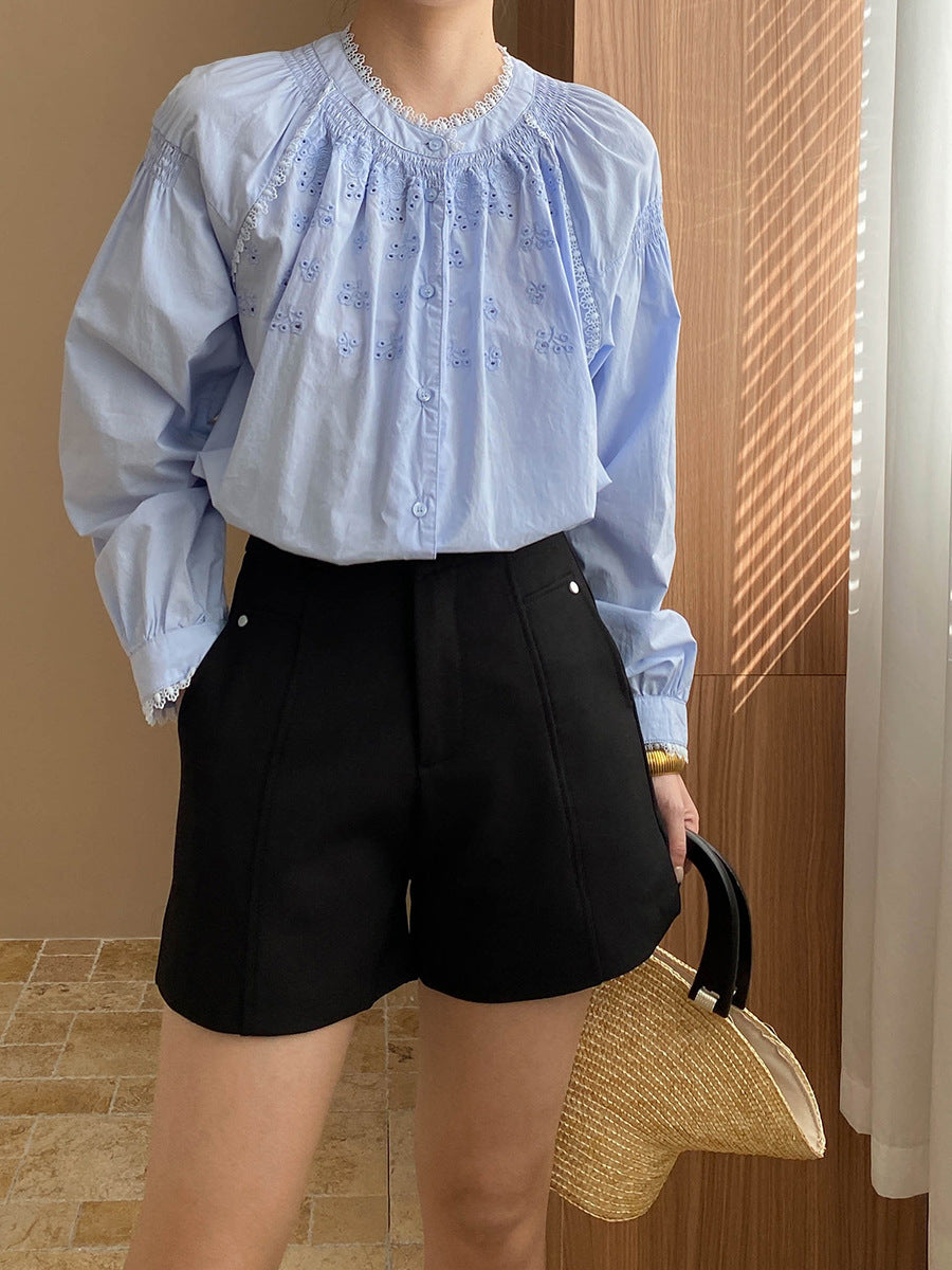 Ashley Retro Crew Neck Hollowed Embroidered Blouse