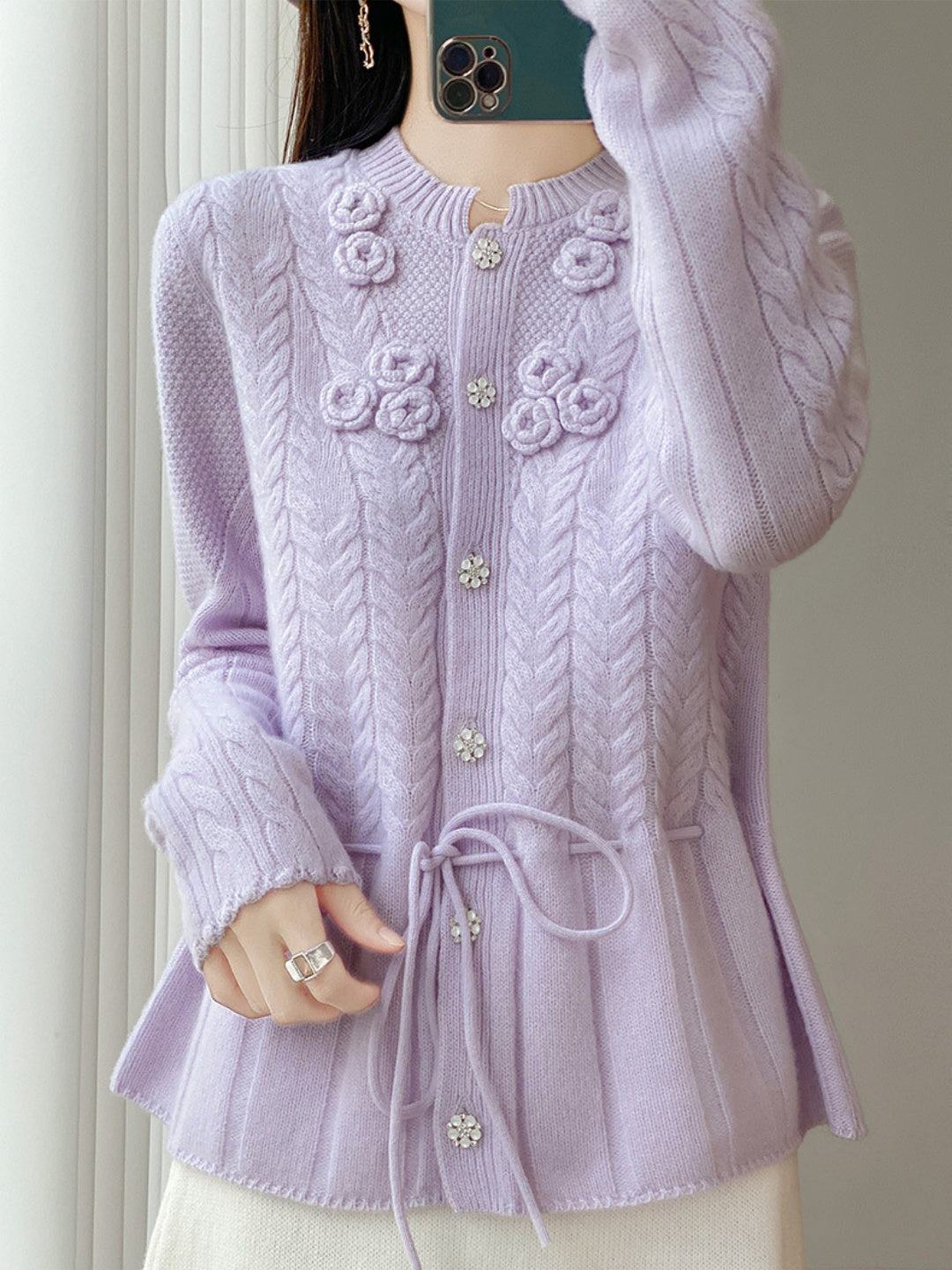 Crew-neck Tie-waist Knit Cardigan