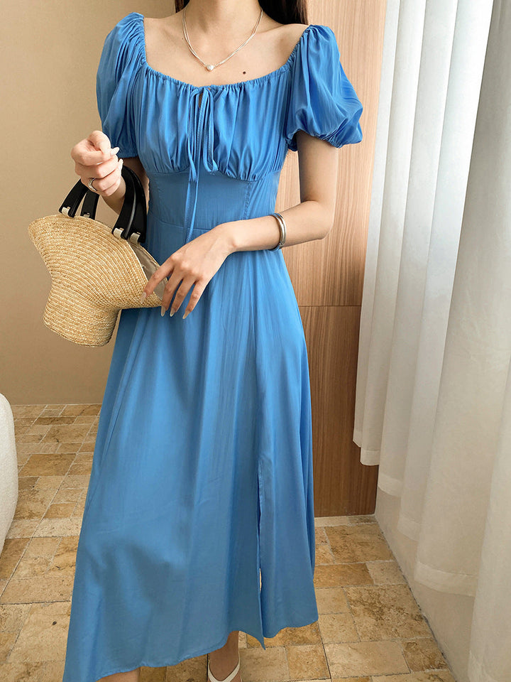 Elva Vacation Square Neck Pleated Slit Dress