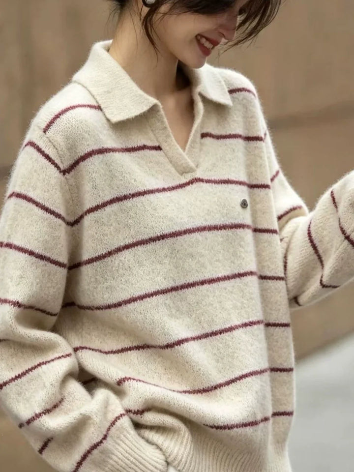 Polo Collar Striped Knit Sweater