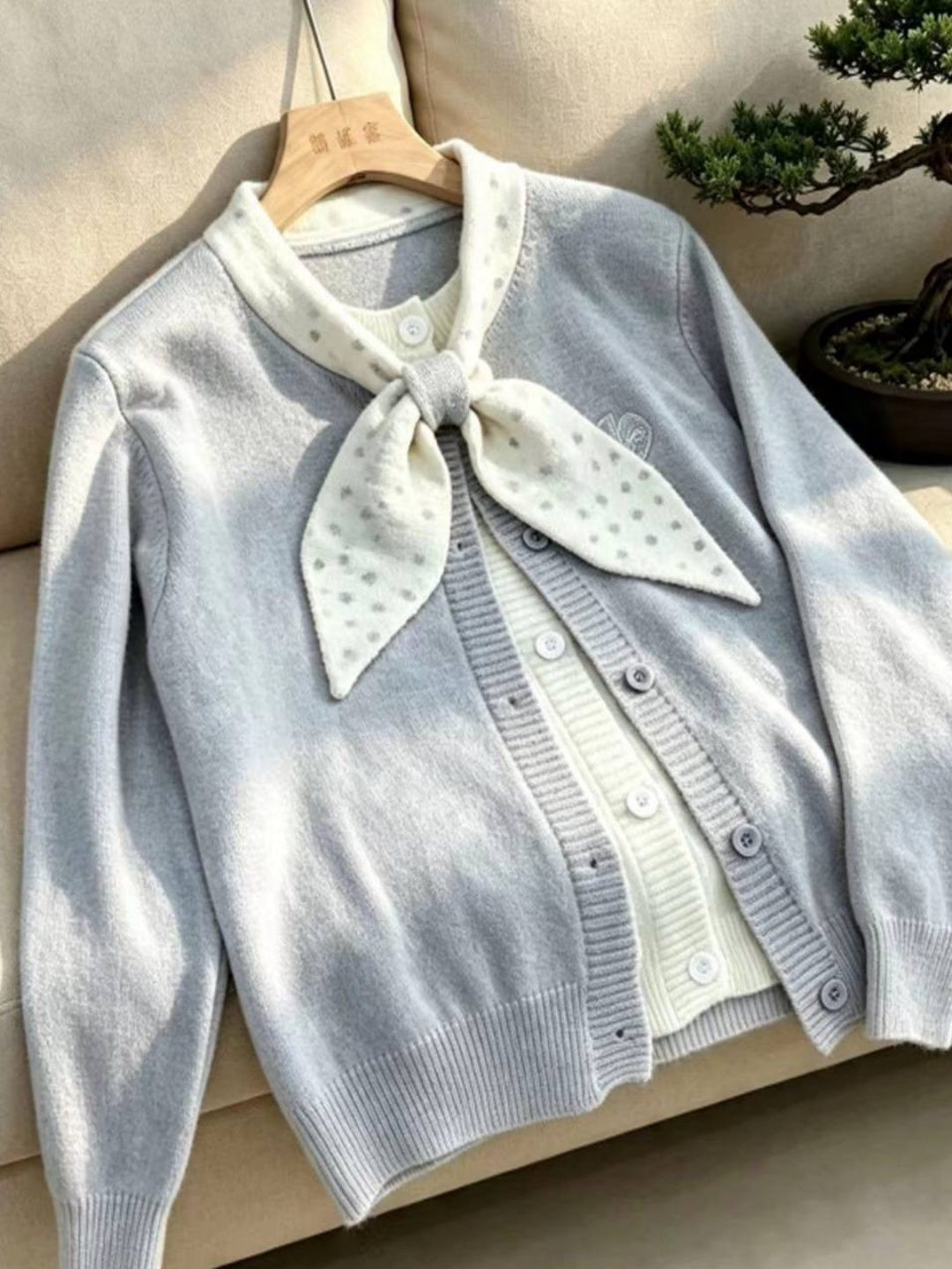 Faux-layered Bow Tie Cardigan