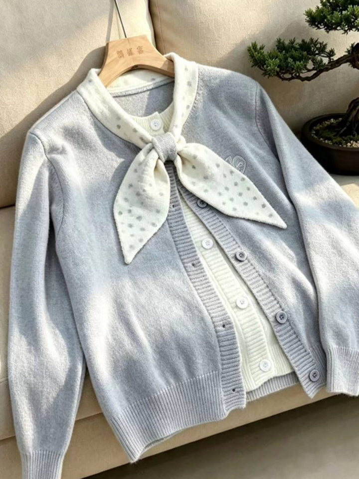 Faux-layered Bow Tie Cardigan