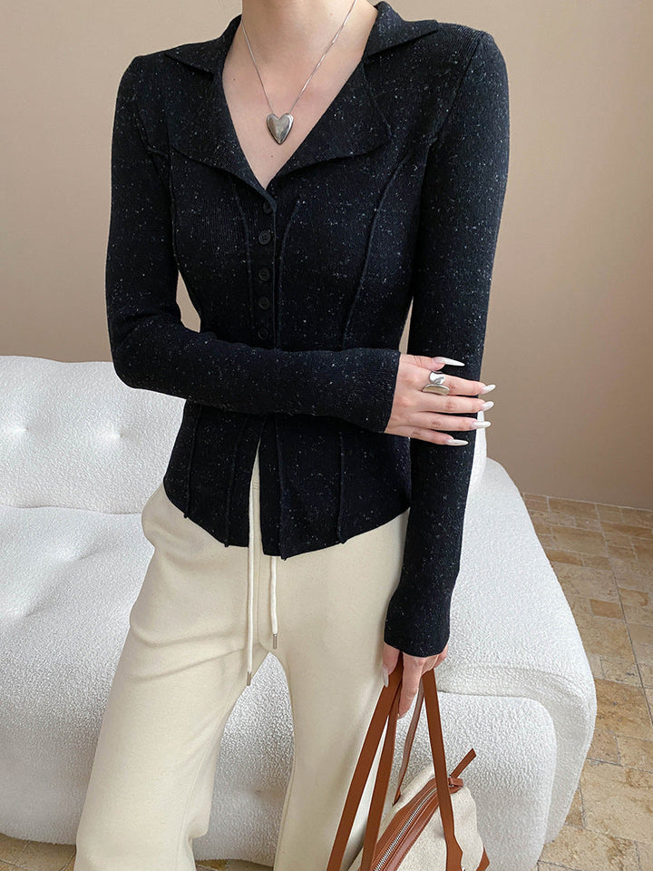 Jessica Slim Lapel Solid Color Knitted Cardigan