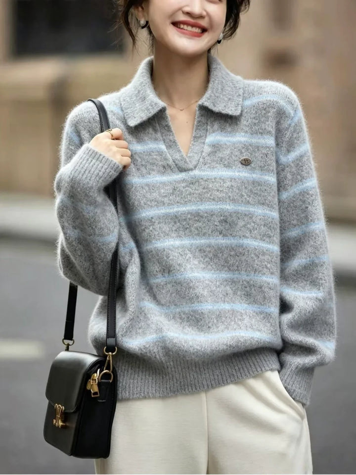 Polo Collar Striped Knit Sweater