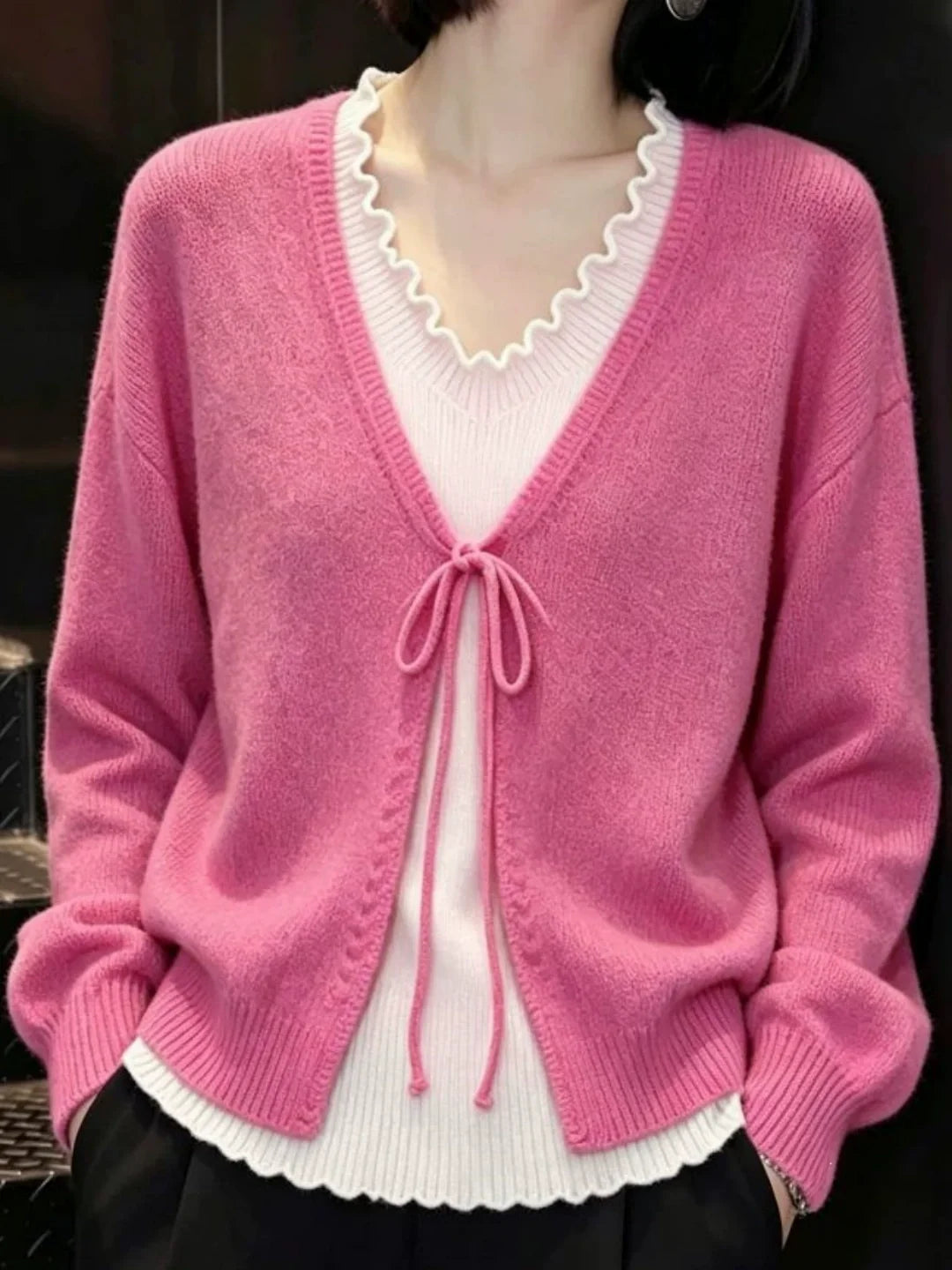 Faux-layered V-neck Knit Top