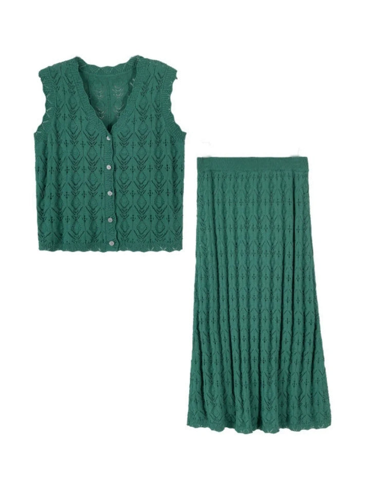 Hollow-out V-neck Knitted Maxi Dress Set