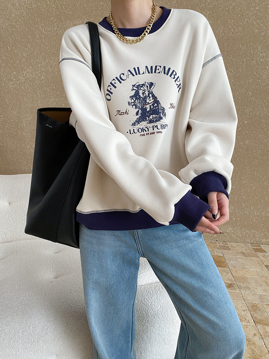 Olivia Loose Crew Neck Printed Fleece Sweatshirt