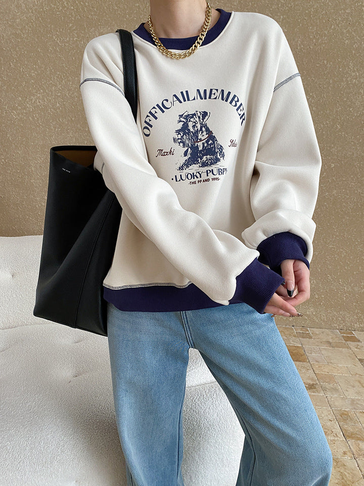 Olivia Loose Crew Neck Printed Fleece Sweatshirt