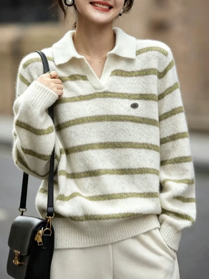 Polo Collar Striped Knit Sweater