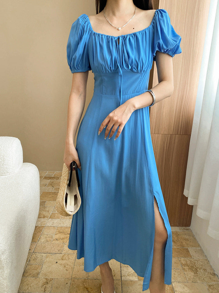 Elva Vacation Square Neck Pleated Slit Dress