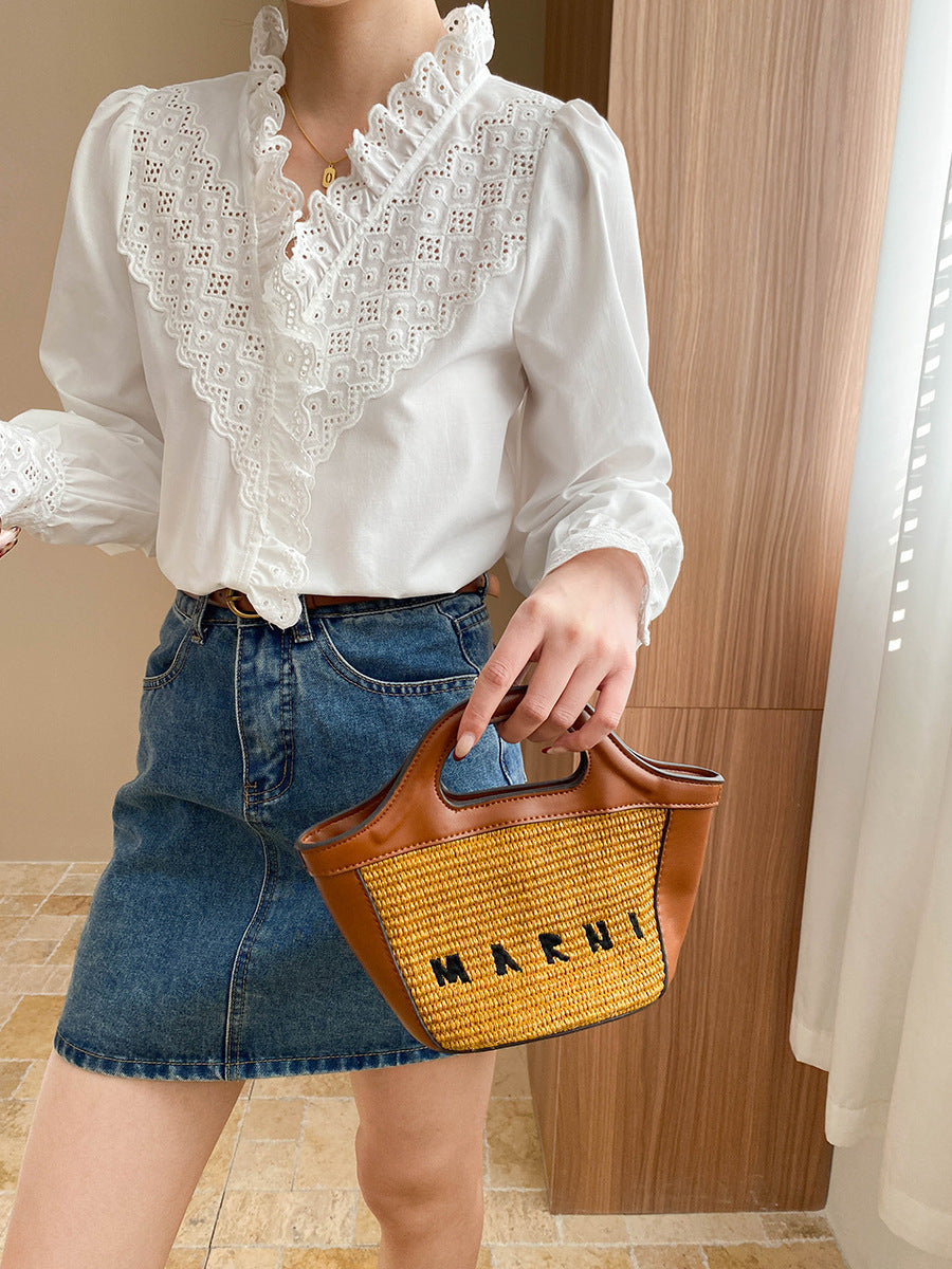 Brianna Retro V-Neck Hollowed Embroidered Blouse