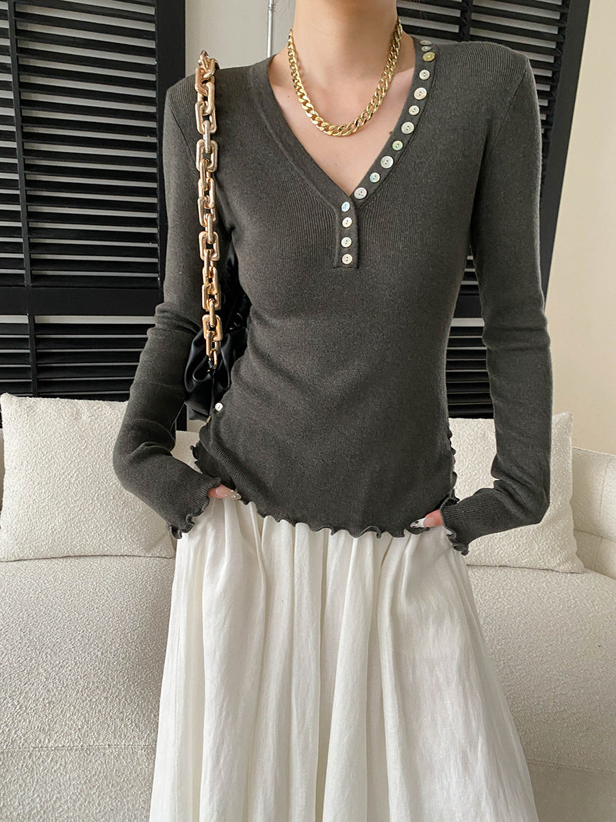 Molly Slim V-Neck Auricular Knitted Top