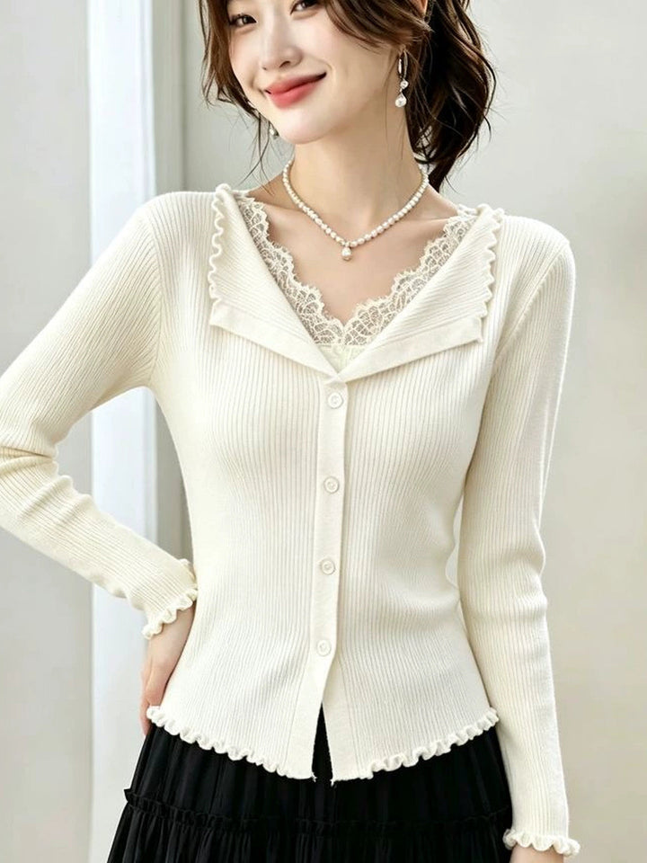 Patchwork Lace Trim V-neck Top
