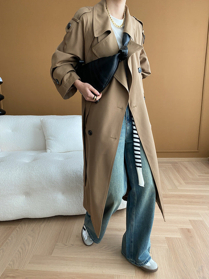 Madison Lapel Solid Color Double-Breasted Trench Coat