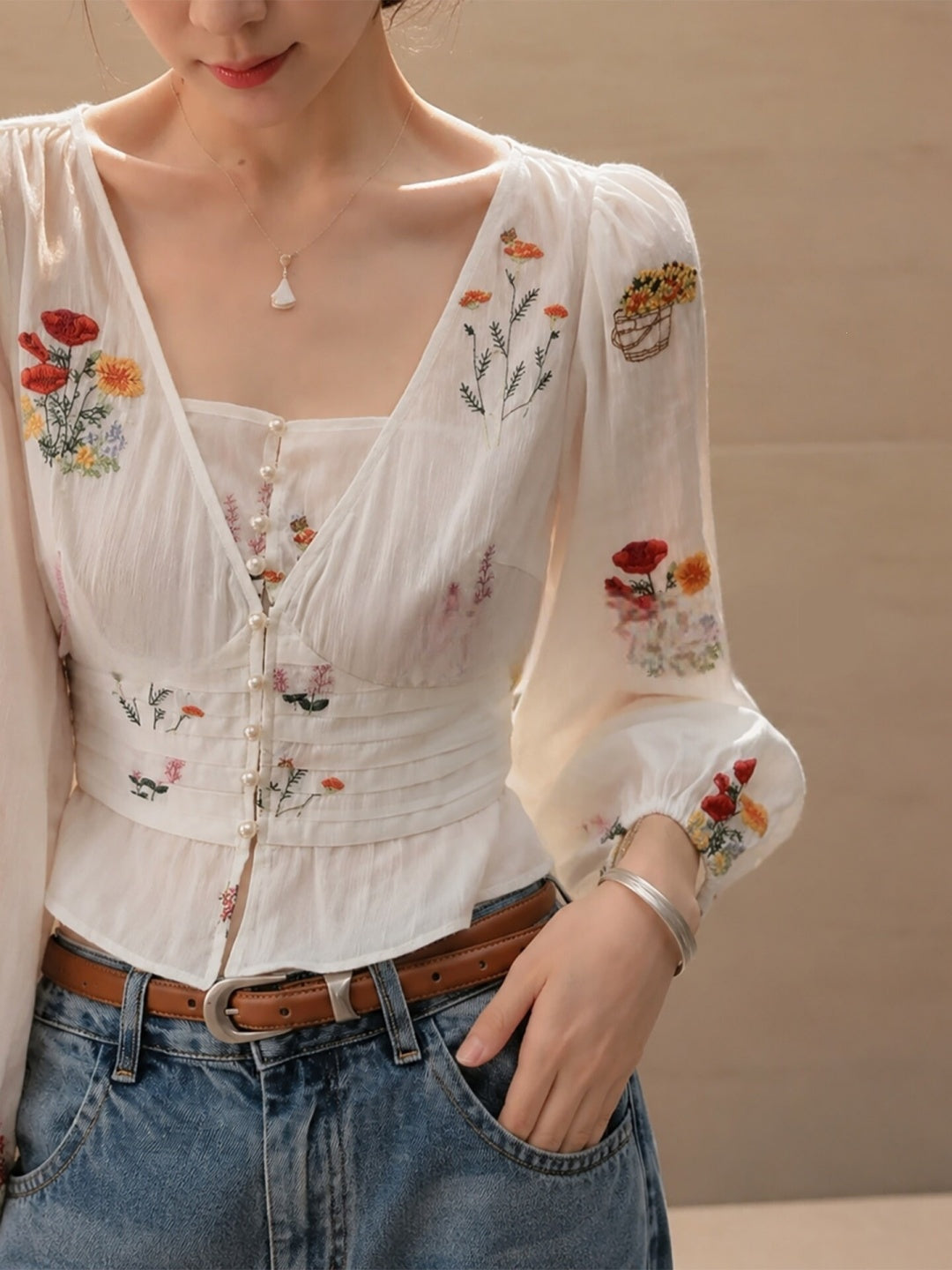 V-neck  Fitted Waist Shirt
