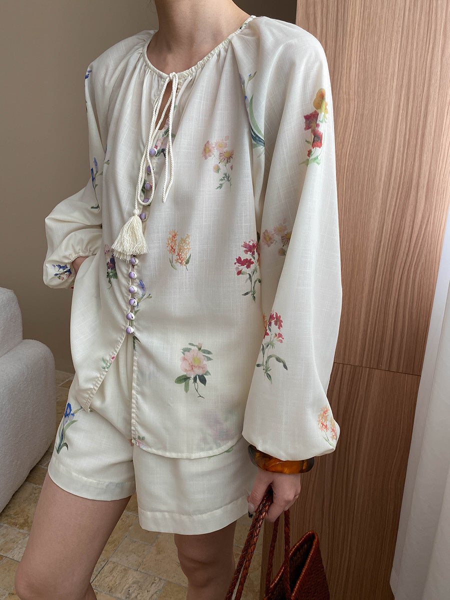 Natalie Retro Floral Printed Tassel Tie Shirt, Shorts, And Skirt Three-Piece Set