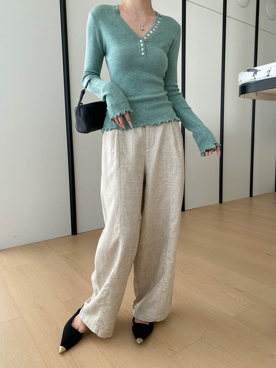 Molly Slim V-Neck Auricular Knitted Top