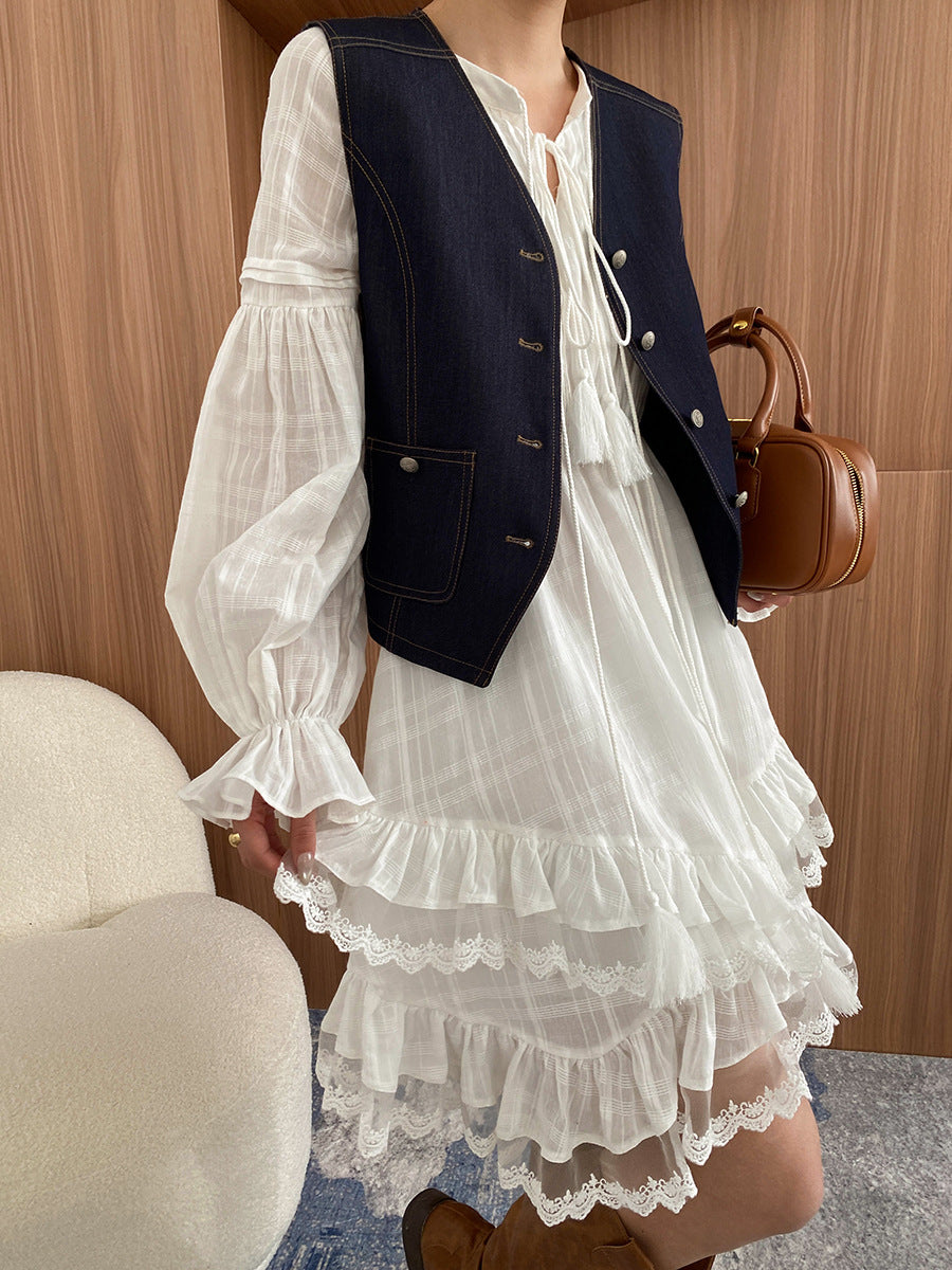 Olivia Crew Neck Solid Color Tie Patchwork Irregular Dress