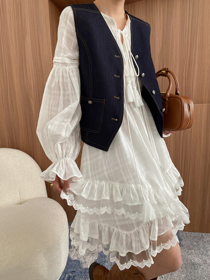 Olivia Crew Neck Solid Color Tie Patchwork Irregular Dress