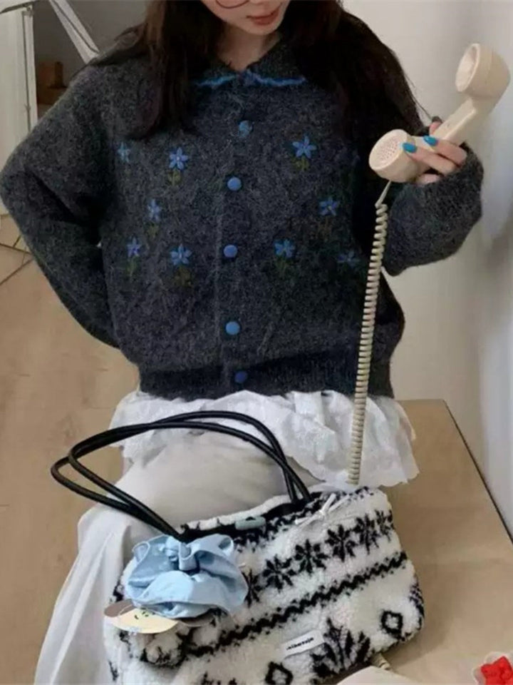 Embroidered Floral Collared Cardigan