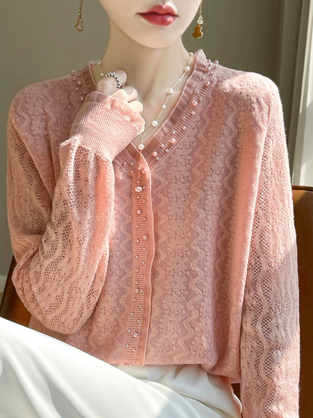 Wool-blend Lace V-neck Knit Top