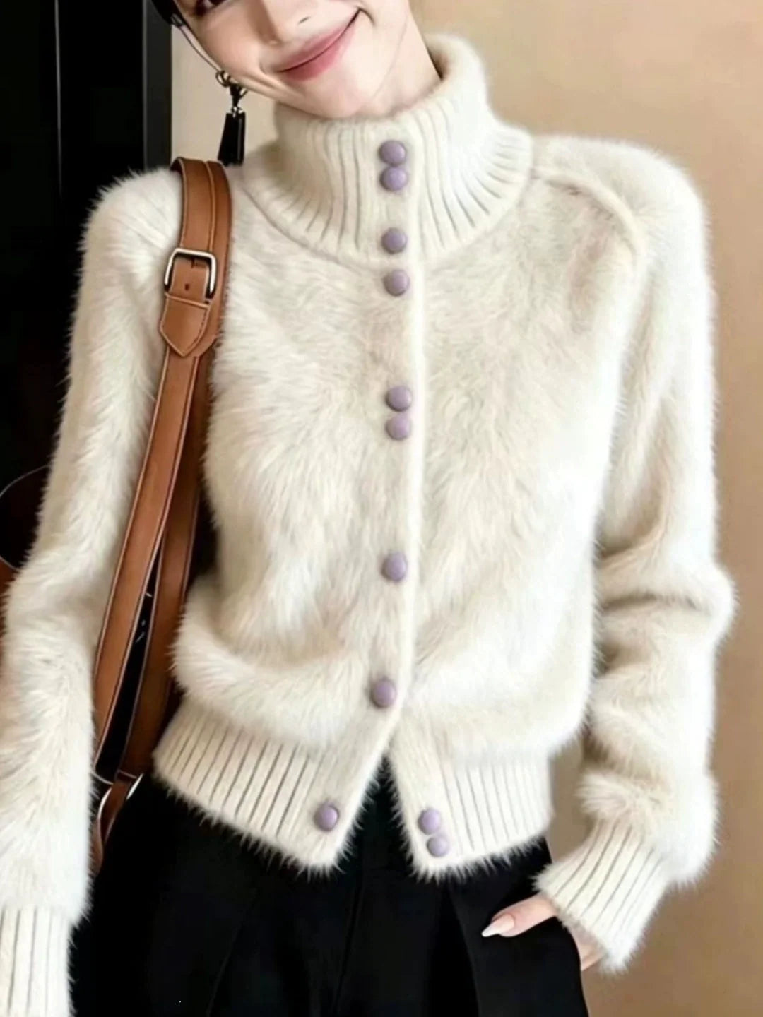High-neck Long-sleeved Knit Cardigan
