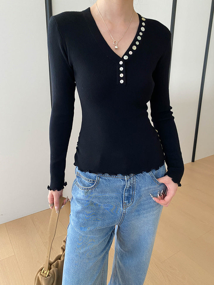 Molly Slim V-Neck Auricular Knitted Top