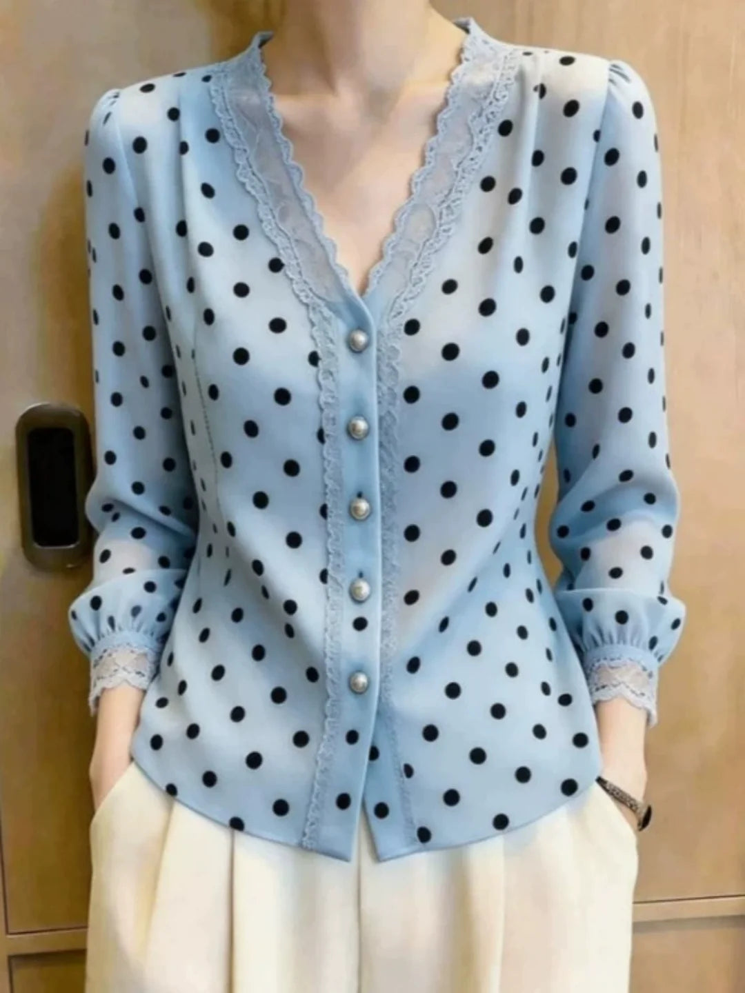 French-style V-neck Polka-dot Lace Shirt