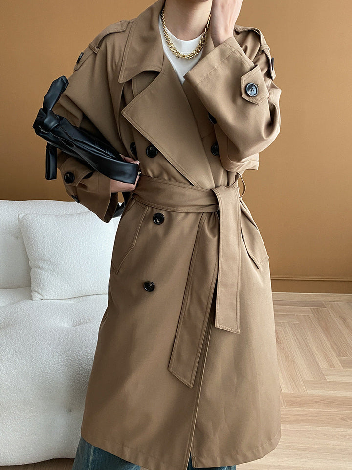 Madison Lapel Solid Color Double-Breasted Trench Coat