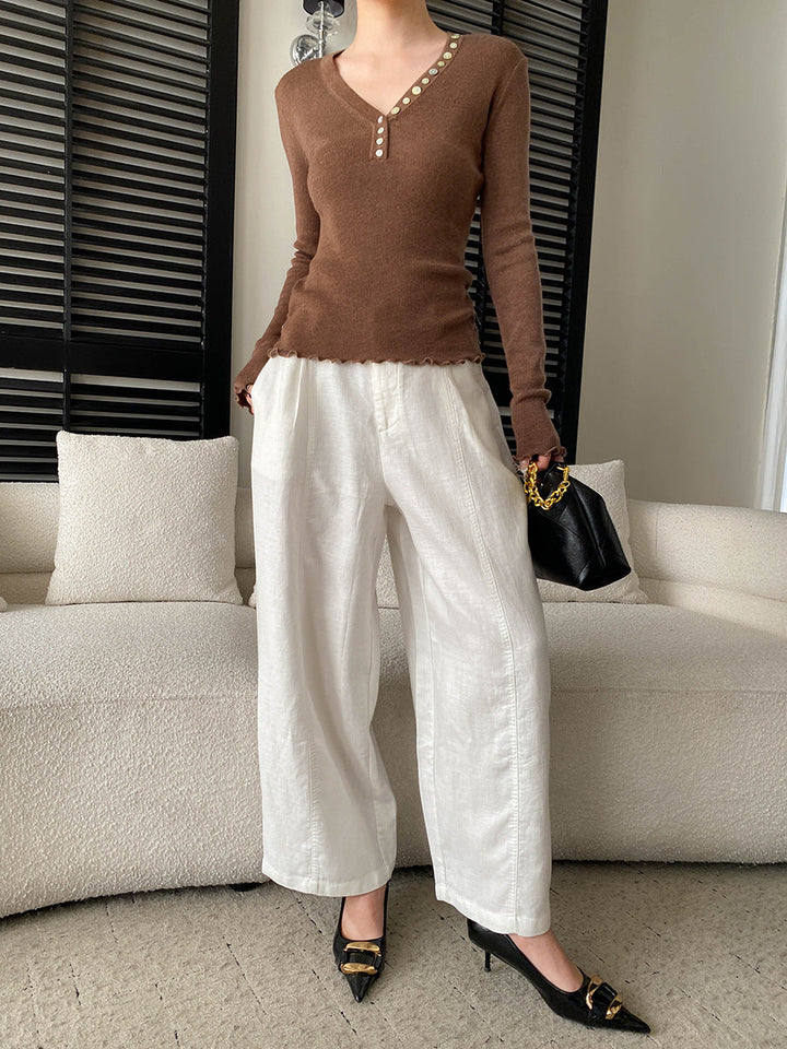 Molly Slim V-Neck Auricular Knitted Top
