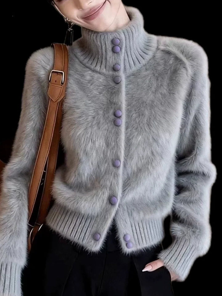 High-neck Long-sleeved Knit Cardigan