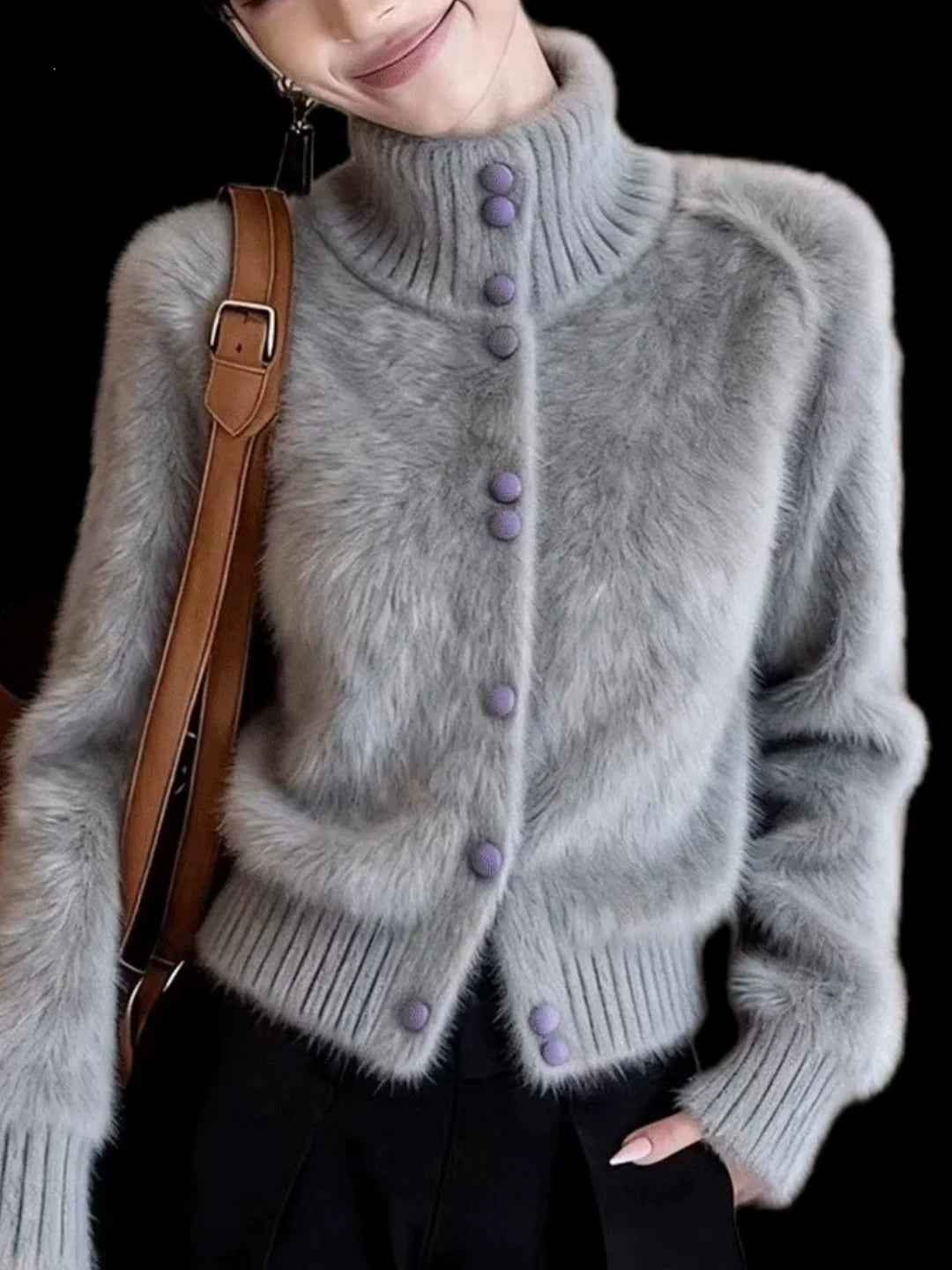 High-neck Long-sleeved Knit Cardigan